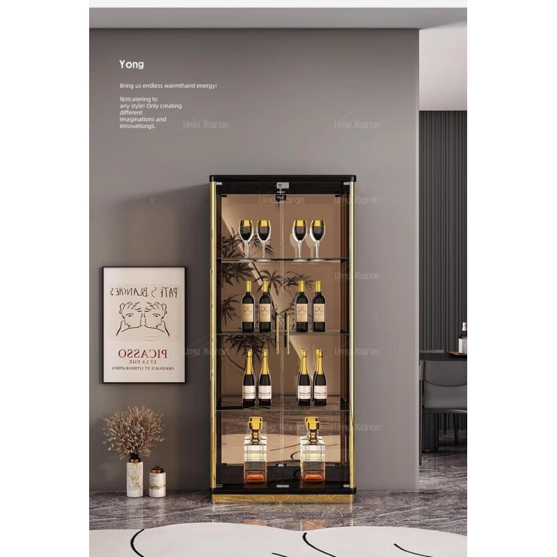 Ge Yan's high-end new light luxury glass wine cabinet living room storage all-in-one multi-functional household handicraft toy storage display cabinet 1060# black gloss + brushed titanium gloss + brown