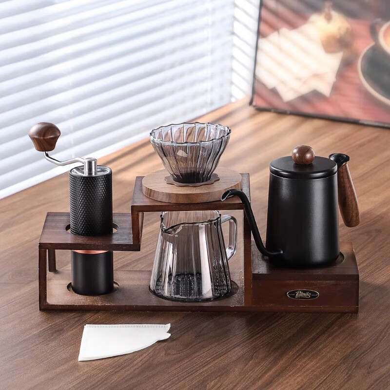 Shantou Lincun hand-brewed coffee pot set hand-ground coffee machine hand-cranked storage stand wooden coffee hand-brewed pot complete set Chinese Valentine's Day coffee hand-brewed storage rack