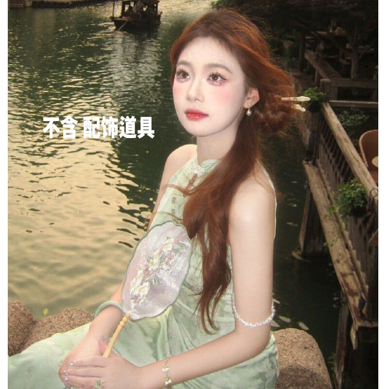 Zhenxiqi new Chinese style national style cool feeling green improved cheongsam sexy style thousands of beautiful halterneck dress women summer turquoise L
