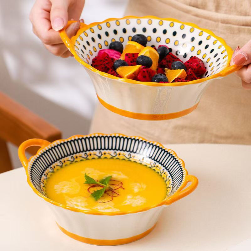 Nordic ceramic bowl rice bowl large bowl thickened household plate ins style high-looking anti-scalding plate and bowl set tableware 7.5-inch double-eared bowl + spoon good luck and colorful