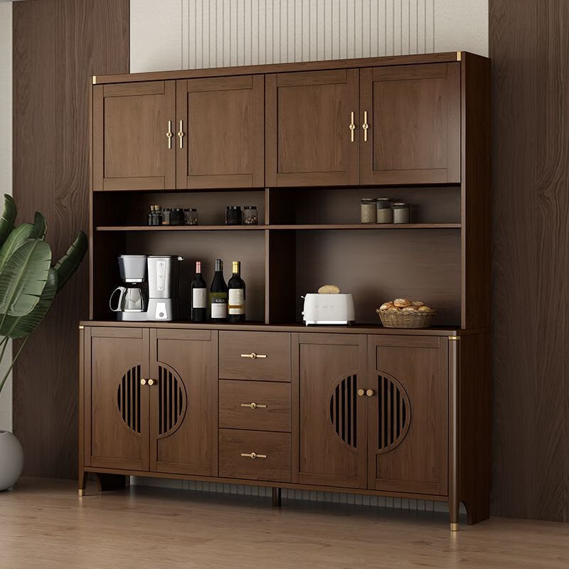 Juwanjia wood solid wood sideboard integrated wall cabinet new Chinese style wine cabinet living room storage cabinet tea cabinet kitchen storage cupboard walnut color multi-function cabinet 105*40*200cm