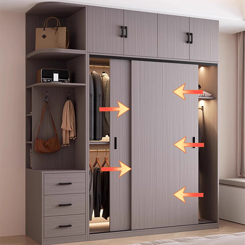 Haoxuan solid wood wardrobe home bedroom sliding door 2025 ecological board cabinet rental hanging wardrobe Chiyang gray 1.6m three-door main cabinet 60cm deep solid wood