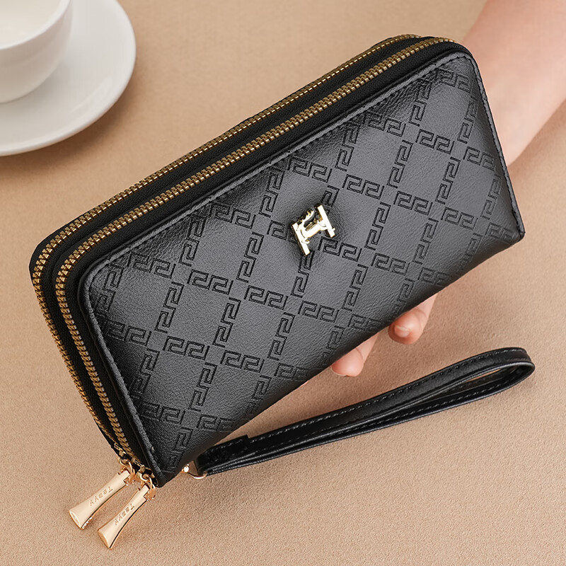 Scarecrow 2025 New Women's Long Wallet Large Capacity Mobile Phone Bag Fashion Mom Bag Double Layer Double Zipper Clutch Black