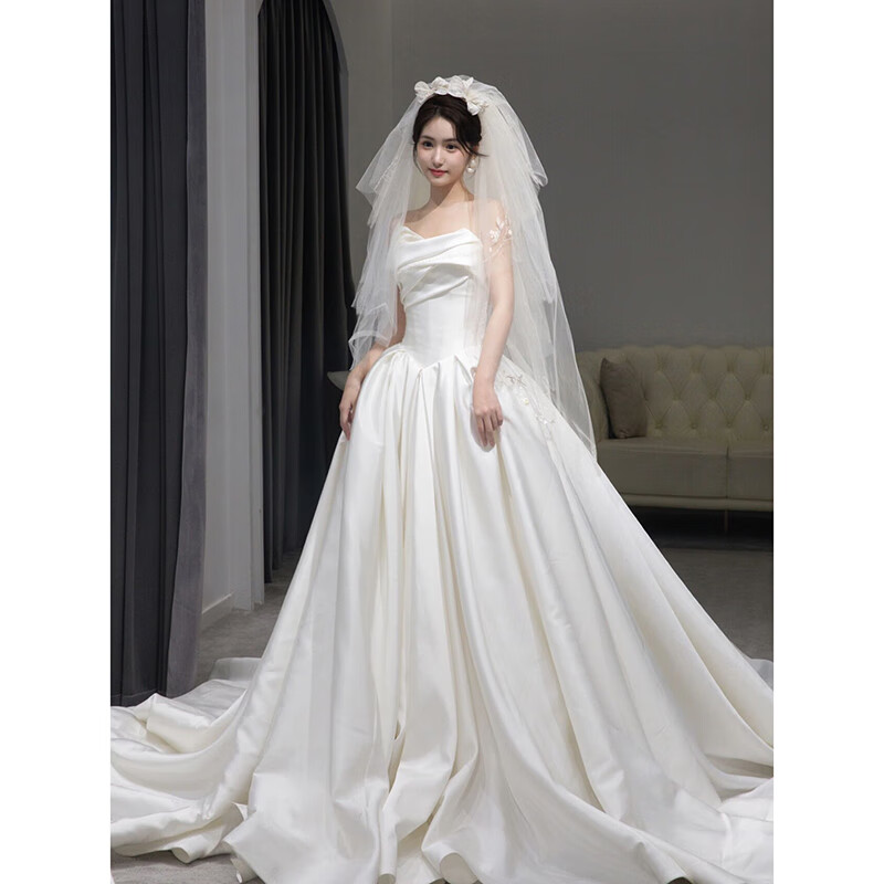 Fengli French Wedding Dress Satin Light Wedding Dress 2025 Main Gauze Feel Tube Top Simple Small French Dress Outing Gauze Floor-length + Three-piece Set M