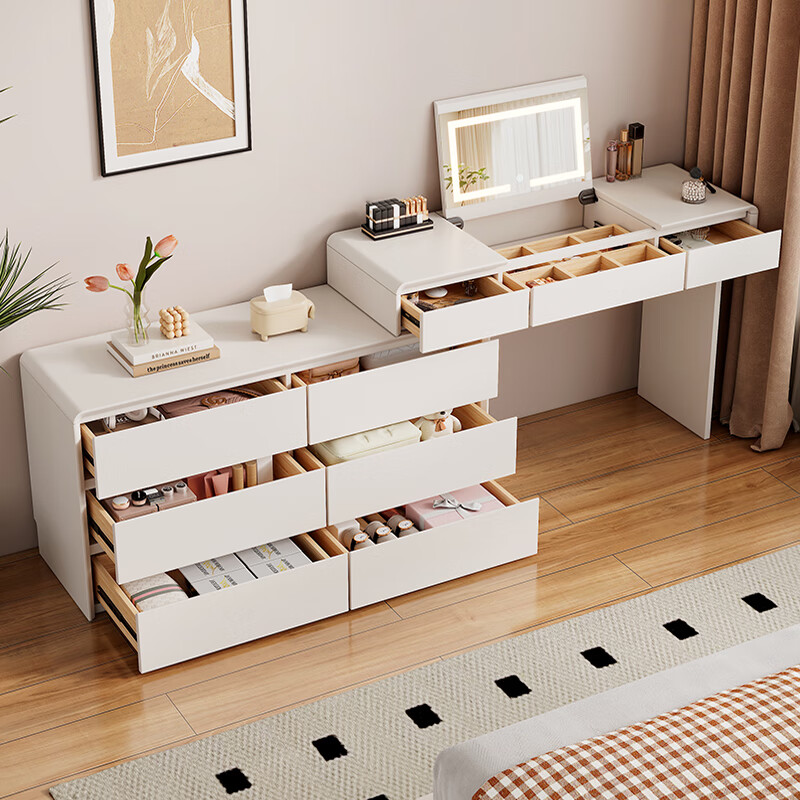 Shuchuan Cream Style Dressing Table Flip Drawer Cabinet Integrated Dressing Table Bedroom Retractable Bedside Storage Cabinet Solid Wood Dressing Table Cream White Flip Cover Dressing Table + Six Drawer Cabinet + Cat Claw Chair ENF Level Door-to-Door Package Installation