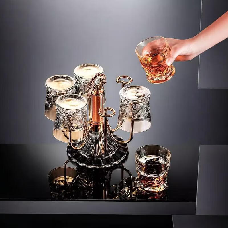 Shantou Lincun German Light Luxury Rotating Beer Glass Rack Water Glass Storage Rack Crystal Glass Rack Set Cup Whiskey Rack Gold Hammer Pattern Short 6 Cups 1 Gold Square Pot Retro Rack + Quicksand Green Plate