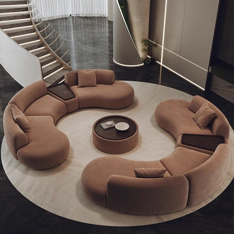 Changyin French light luxury curved brown hotel lobby beauty salon office sales office business rest reception negotiation sofa 2.8 meters long with side table + coffee table