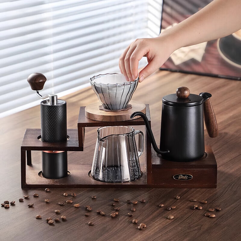 Shantou Lincun hand-brewed coffee pot set hand-ground coffee machine hand-cranked storage stand wooden coffee hand-brewed pot complete set Chinese Valentine's Day coffee hand-brewed storage rack