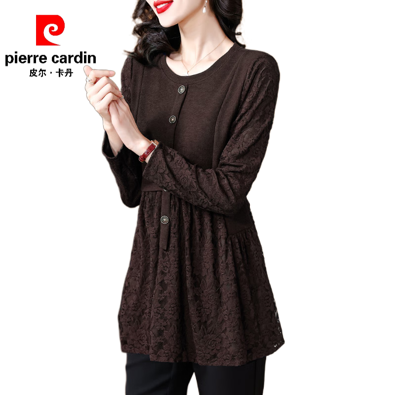Pierre Cardin Thickened Lace Top Women's Butt Covering Mid-Length Bottoming Shirt Mom's Autumn and Winter Fashionable Inner Top, Brown Velvet, Thickened L (105-115 catties)