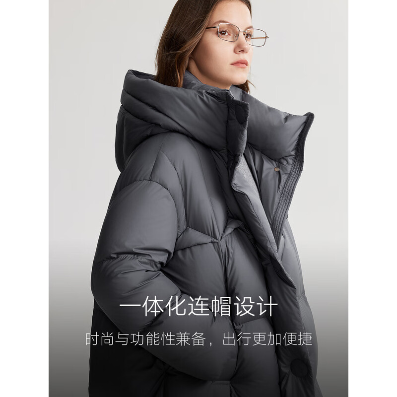 ELLE90 white duck down long hooded down jacket for women 2025 winter new year new year simple long thickened warm jacket medium gray M