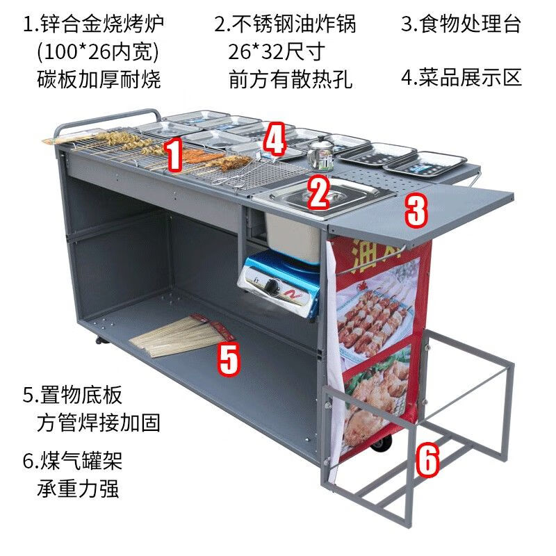 Triuside commercial barbecue truck, frying pan, Teppanyaki, mobile stall, mobile oven stall, roadside stall, snack truck, carbon grill + frying, door-added vehicle