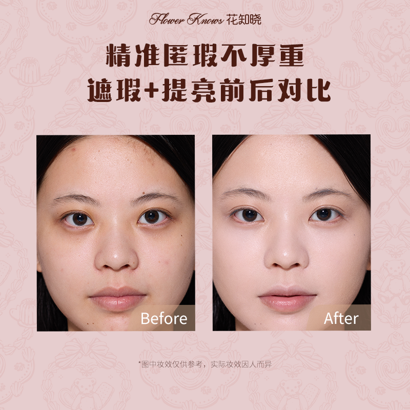 Flower Knowledge Sweetheart Bear Series Four Color Concealer Palette Covers Spots, Facial Acne Marks, Visually Brightens Gift for Girlfriend #01 Strawberry White 6.4g