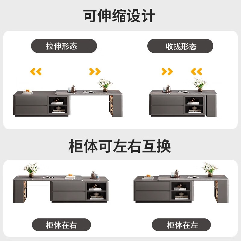 Zuo Shan retractable coffee table living room home 2026 new light luxury high-end table small apartment slate solid wood coffee table 1.2 meters retractable coffee table high-end gray with gray slate