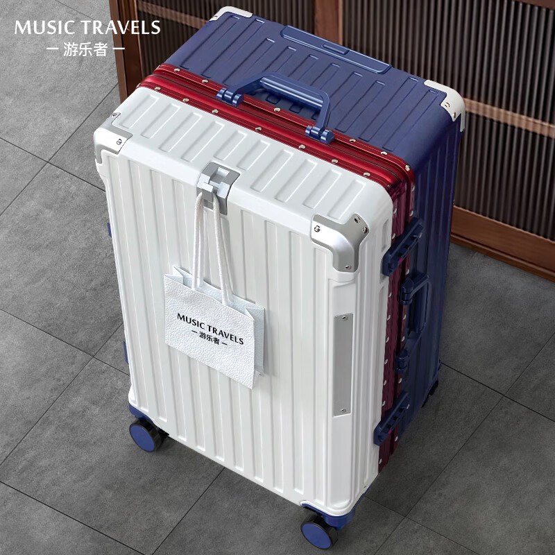 Pleasure suitcase, good-looking women's trolley case, strong and durable suitcase, men's universal wheel boarding case, password case, leather suitcase, good-looking zipper style - warm white/lightning blue 20 inches, free replacement within one year if the case is broken