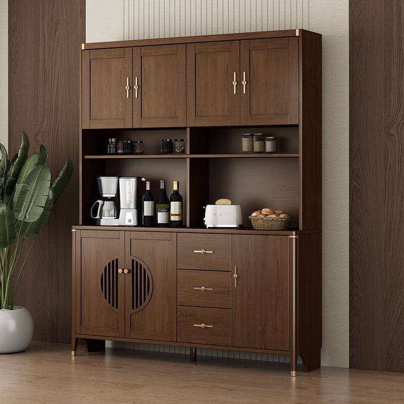 Juwanjia wood solid wood sideboard integrated wall cabinet new Chinese style wine cabinet living room storage cabinet tea cabinet kitchen storage cupboard walnut color multi-function cabinet 105*40*200cm