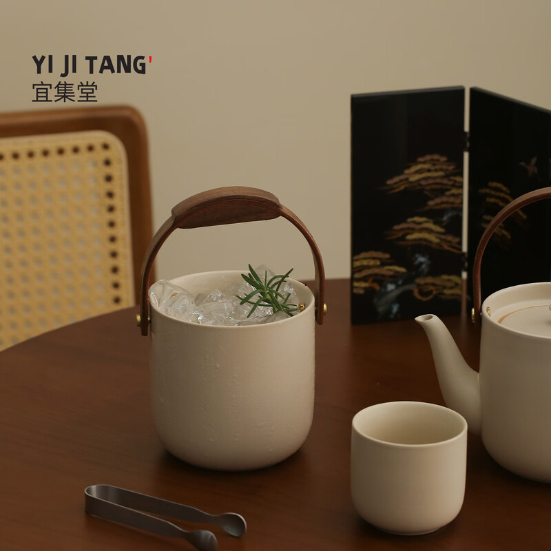 Yijitang summer ice bucket ice cube ceramic high-end ice wine iced whiskey cold brew tea home party bar container Song ice bucket_tweezers_khaki gray