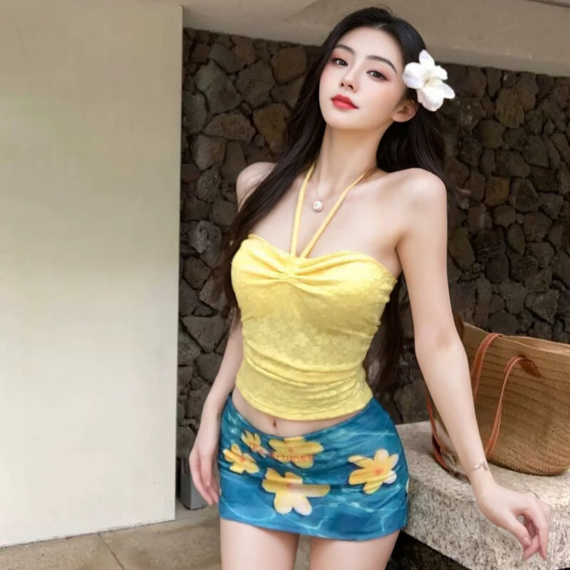 Bai Qixin swimsuit female dopamine girl island sweet outfit three-piece seaside vacation tube top suspender sweet and spicy slimming summer yellow tube top three-piece set one size 80-118 pounds