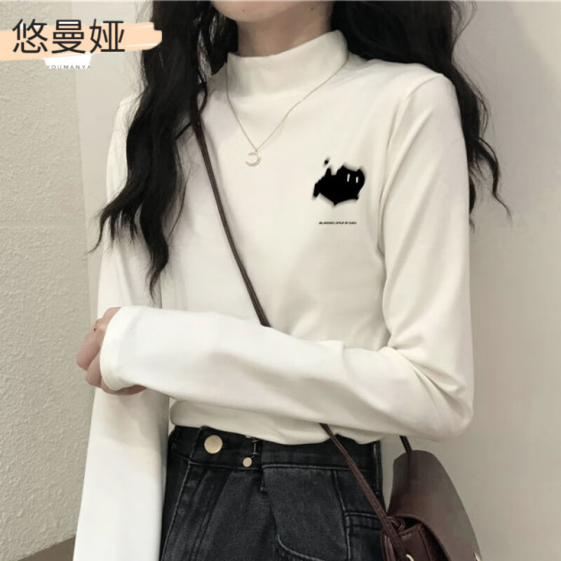 Youmanya de velvet bottoming shirt for female students to wear in autumn and winter half turtleneck t long sleeve t-shirt plus velvet thickened warm clothing autumn coat top de velvet white-294# fuzzy little black cat M 95-110 catties