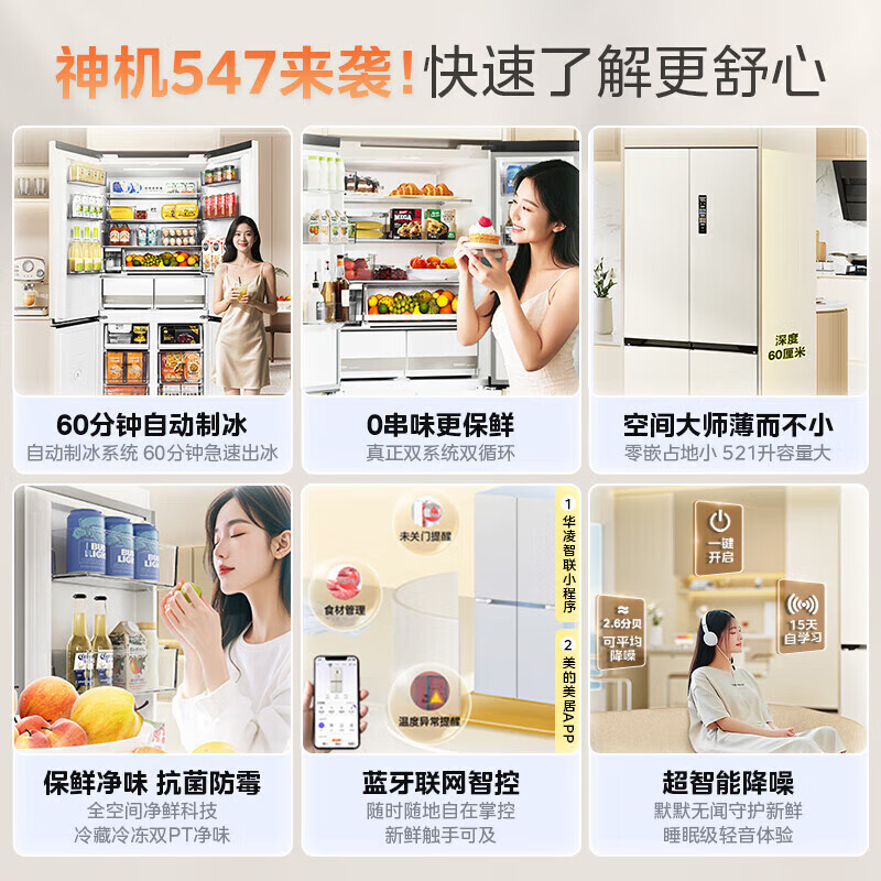 Midea Hualing Refrigerator 547 fully automatic ice making dual system dual cycle 60cm thin zero-embedded cross-door four-door refrigerator first-class energy efficiency HR-547WUSIPZ