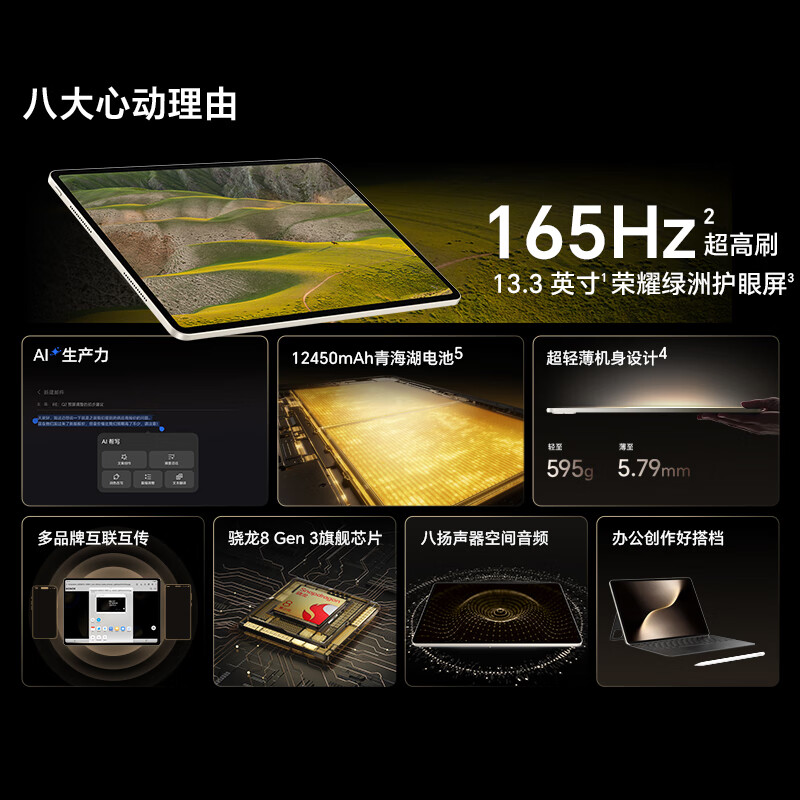 99% new Honor tablet MagicPad 3, national subsidy, 13.3-inch 165Hz ultra-high refresh eye protection screen, 12450mAh Qinghai Lake battery, 12GB+256GB, floating gold