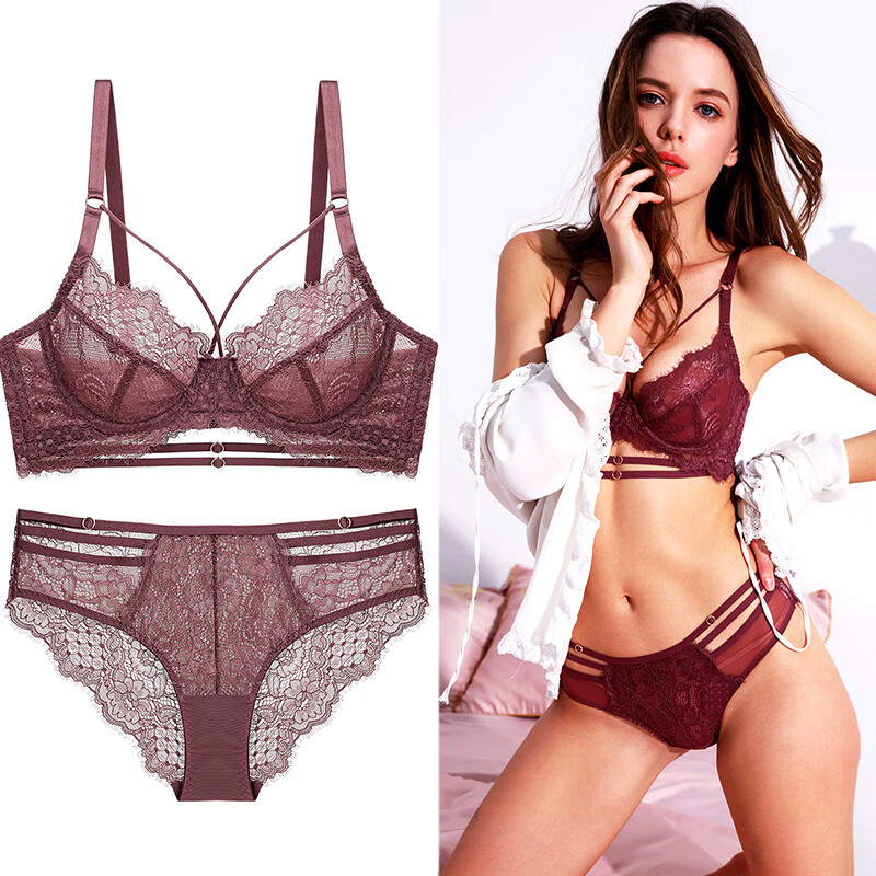 Victoria Palace Sexy Underwear Ultra-thin Transparent Half Cup Lace Underwear Big Breast Revealing Small Anti-sagging Push-up Bra Set Lotus Root 80B/36 with L Size Underwear