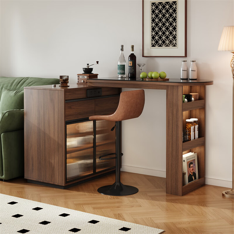 Ouyue light luxury slate solid wood retractable bar table, dining table and wine cabinet, integrated home living room, customizable sofa partition side cabinet, slate bar table + upper cabinet 1.0m + bar chairs*2