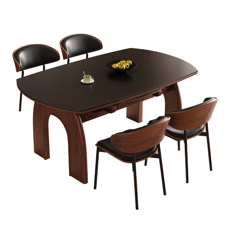 Shanglin spring slate dining table household retractable table dining table small apartment round table dining table high-end 2025 new furniture walnut color/matte pure white slate/Eames chair 1.3m one table and four chairs
