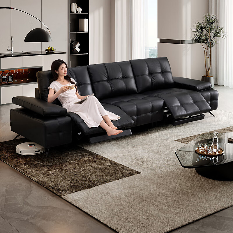 Chivas First Class Lawrence 30567A Leather Zero Wall Electric Sofa Black 3.17m Italian Style Straight Row Sofa