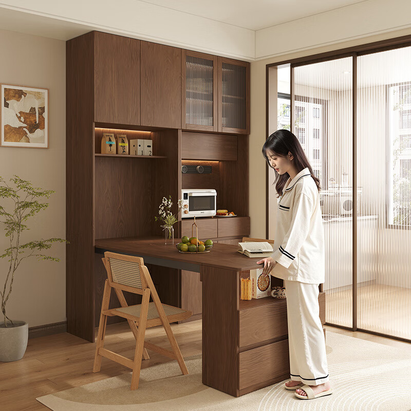 French poetry custom solid wood sideboard folding dining table integrated wall-to-top cabinet hidden oak glass bowl cabinet 1.6 long * 2.0 high (four-door sideboard) ENF maternal and child grade environmentally friendly antibacterial 18MM thickened oak