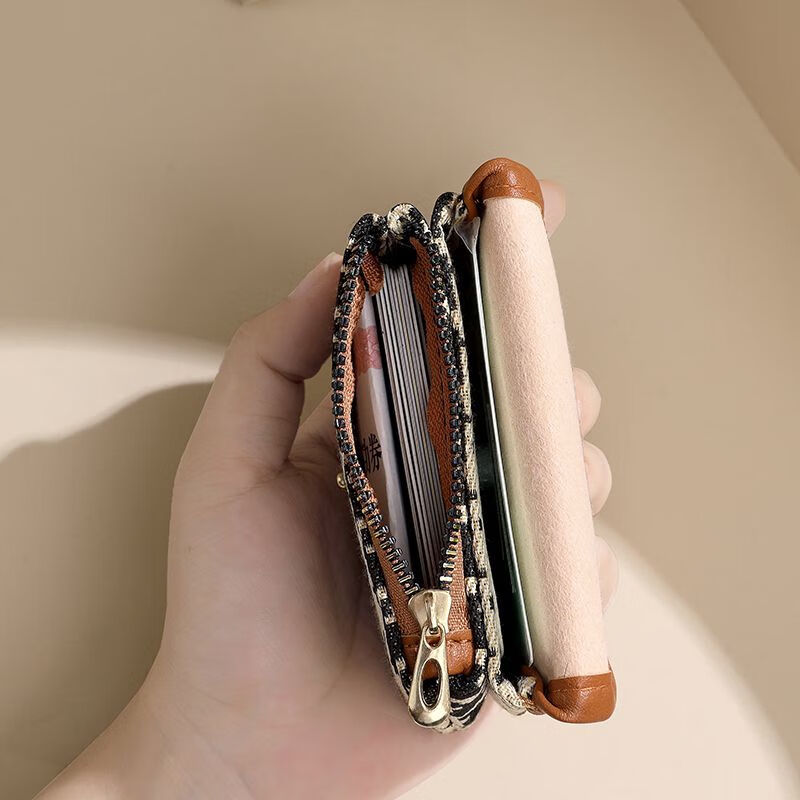 Qisihua Fashionable Coin Purse Women's Bag Mini Short Zipper Key Bag Simple Small Wallet Coin Small Coin Bag Purse Brown Houndstooth Selected Imported Hardware Snaps