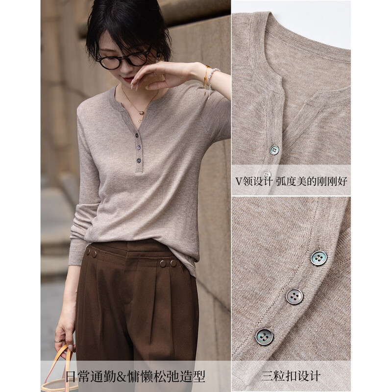 Demana effortless and comfortable autumn simple style V-neck three-button long-sleeved sweater comfortable sweater women's top