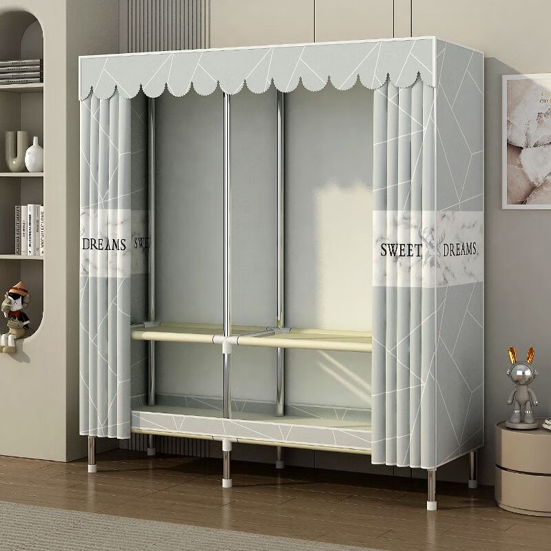 Shenglaite simple wardrobe rental bedroom assembly steel pipe steel frame reinforced thickened home solid color cloth wardrobe