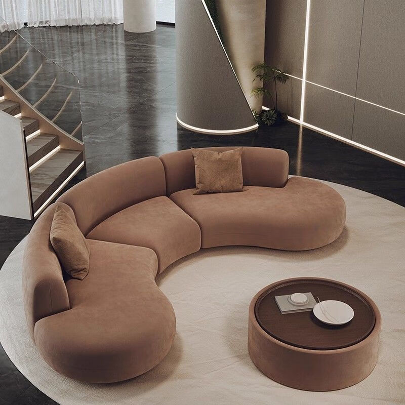 Changyin French light luxury curved brown hotel lobby beauty salon office sales office business rest reception negotiation sofa 2.8 meters long with side table + coffee table