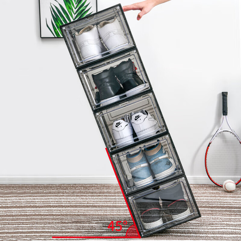 Magnetic suction high-looking transparent drawer-type shoe box shoe storage box dormitory artifact space-saving shoe rack shoe cabinet separate front door medium size magnetic suction 46 size low-top shoes transparent black one pack