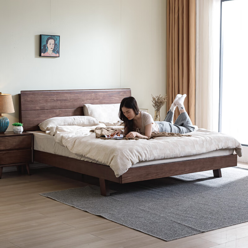 Jasmine purple sauce Nordic modern simple black walnut 1.5mx2m pure solid wood large bed small apartment master bedroom 1m8 double bed black walnut bed 1800*2000 black walnut full bed board