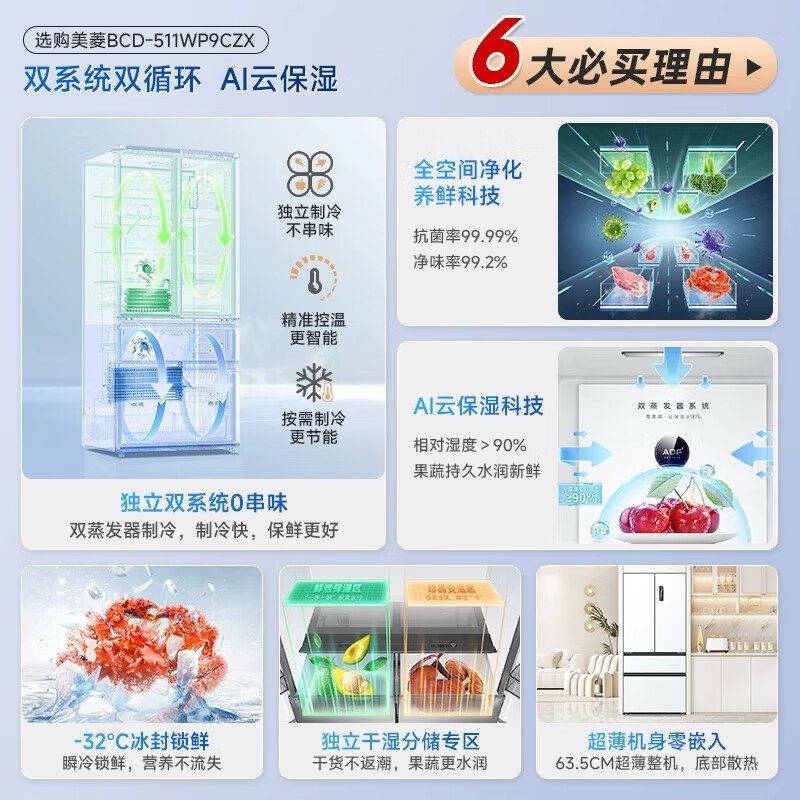 MeiLing worry-free embedded | 511 French four-door multi-door household ultra-thin zero embedded large capacity refrigerator deep 63.5cm dual system circulation air-cooled frost-free first-level energy efficiency subsidy refrigerator Wuyou embedded BCD-511WP9CZX Snowy White