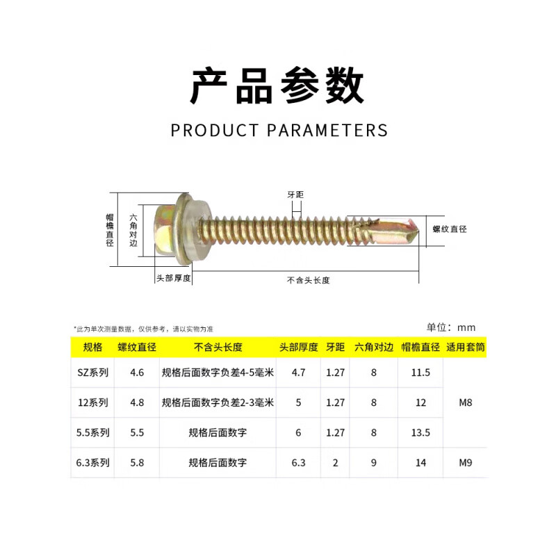 Bingyu external hexagonal drill tail screw dovetail wire color steel tile nail self-tapping screw self-drilling wire SZM4.8 M5.5 M6.3 6.3*180 110 pieces/box