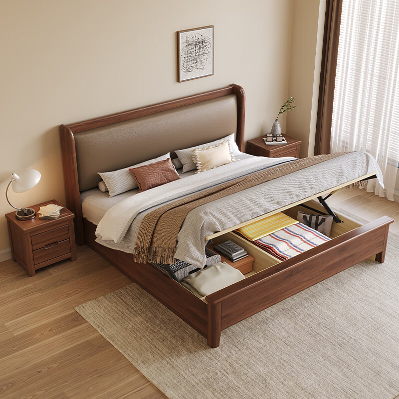 Foreign walnut solid wood bed double bed new Chinese style master bedroom large bed light luxury soft package home wedding bed 508 bed