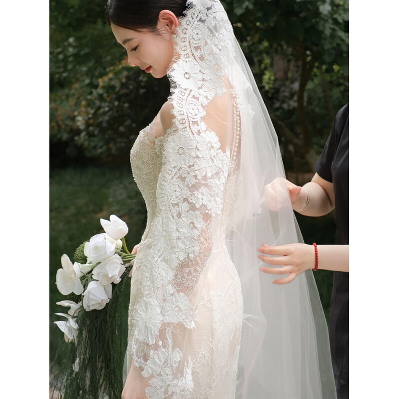 Rich collar, one shoulder, light wedding dress, French lace bridal feel, forest-style engagement dress, super fairy door veil, welcome dress, white XS