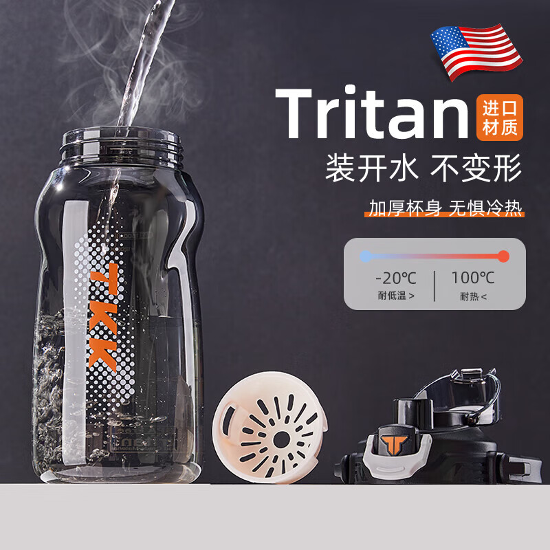 Cica Sports Water Cup Extra Large Capacity Men's and Women's Tritan Plastic Cup High Temperature Resistant Student Water Bottle Ton Bucket Summer (Double Drink + Tea Partition + Scale) Black-2000ml