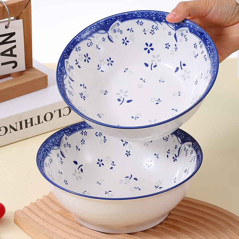 Traditional ceramic old-fashioned retro household Chinese-style ceramic underglaze color retro small blue flower 7.8-inch soup basin 2 pack