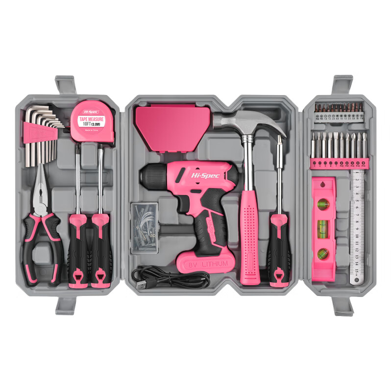KSHKHispec household multifunctional electric drill set electric screwdriver hardware tool box set home repair combination pink 8V lithium electric drill tool box fairy hands-on model