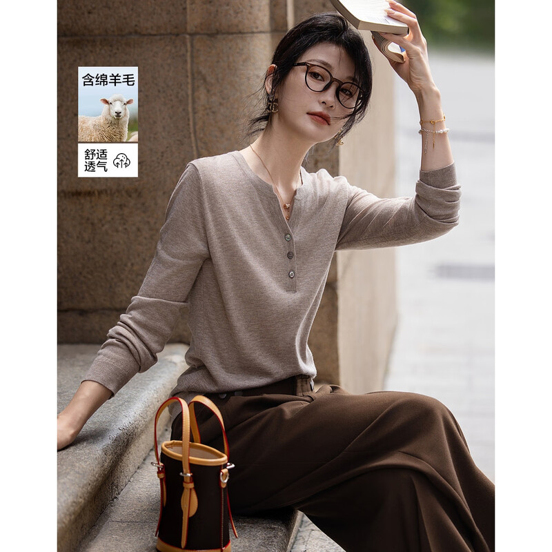 Demana effortless and comfortable autumn simple style V-neck three-button long-sleeved sweater comfortable sweater women's top