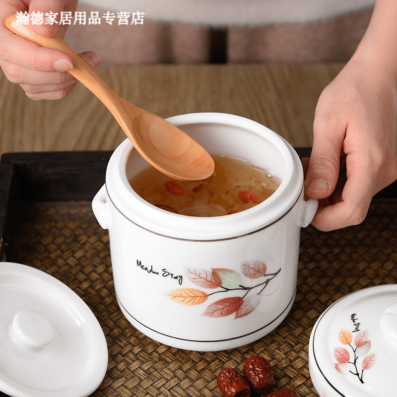 Jingle food-grade stew pot, old-fashioned family-sized steam soup pot, stew pot, ceramic double ears and double lid, household soup and ginseng cup, Jiahefu (600ml for 1 person)