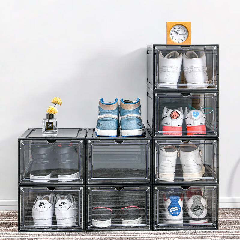 Magnetic suction high-looking transparent drawer-type shoe box shoe storage box dormitory artifact space-saving shoe rack shoe cabinet separate front door medium size magnetic suction 46 size low-top shoes transparent black one pack