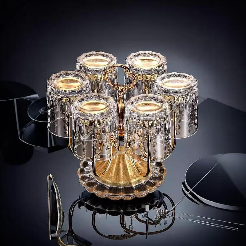 Shantou Lincun German Light Luxury Rotating Beer Glass Rack Water Glass Storage Rack Crystal Glass Rack Set Cup Whiskey Rack Gold Hammer Pattern Short 6 Cups 1 Gold Square Pot Retro Rack + Quicksand Green Plate