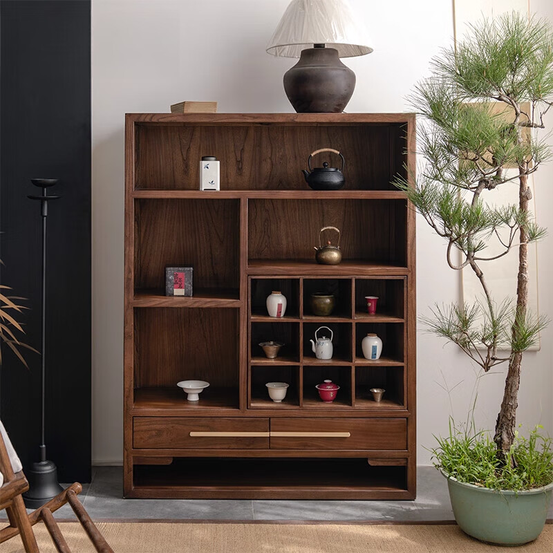 New Chinese style solid wood shelf Duobao Pavilion short Song style aesthetic tea room side cabinet bookcase tea set teapot display cabinet Northern elm walnut color 110x35x145cm