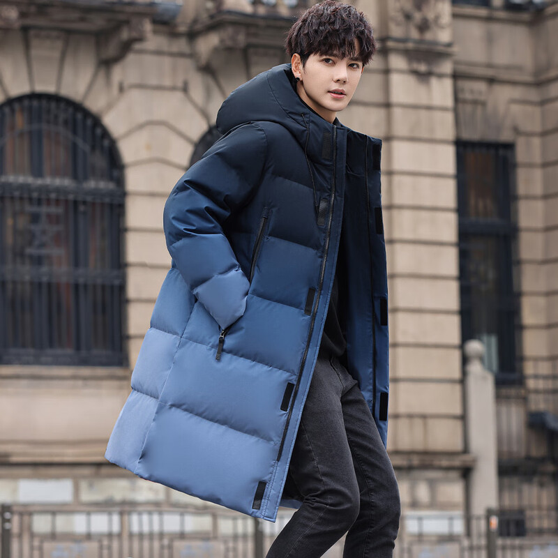 Flying in the Snow Men's Mid-Length Hooded Down Jacket Fashionable Gradient Color 90 Velvet Thickened Warm and Coldproof Down Jacket for Men