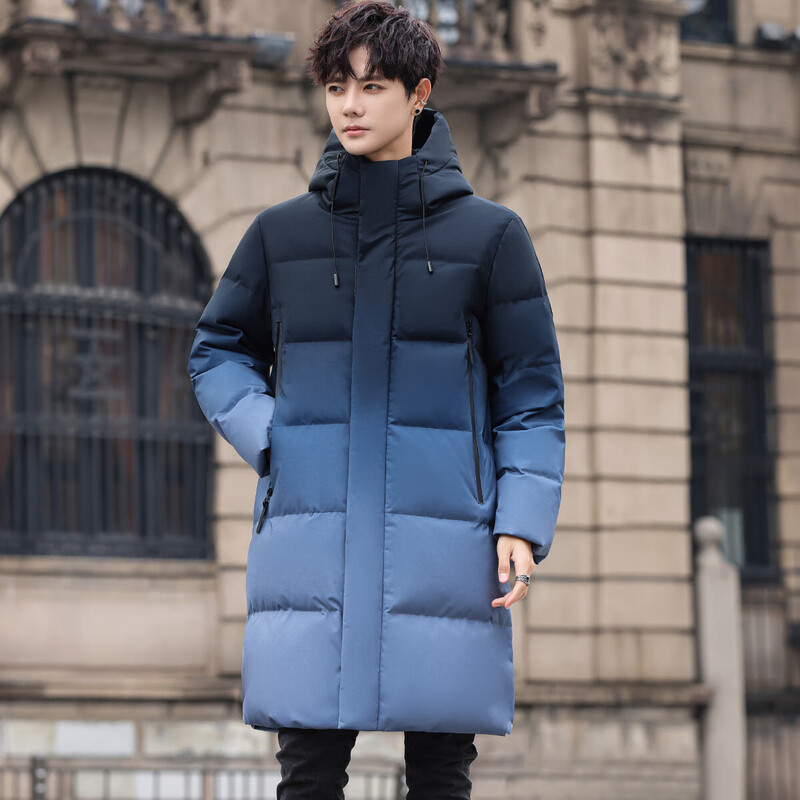 Flying in the Snow Men's Mid-Length Hooded Down Jacket Fashionable Gradient Color 90 Velvet Thickened Warm and Coldproof Down Jacket for Men