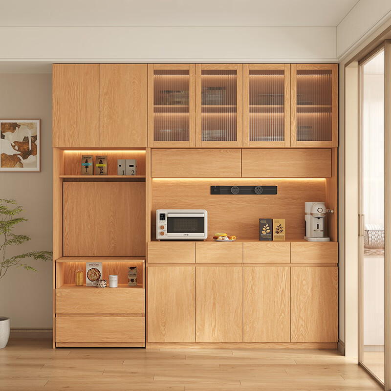 French poetry custom solid wood sideboard folding dining table integrated wall-to-top cabinet hidden oak glass bowl cabinet 1.6 long * 2.0 high (four-door sideboard) ENF maternal and child grade environmentally friendly antibacterial 18MM thickened oak